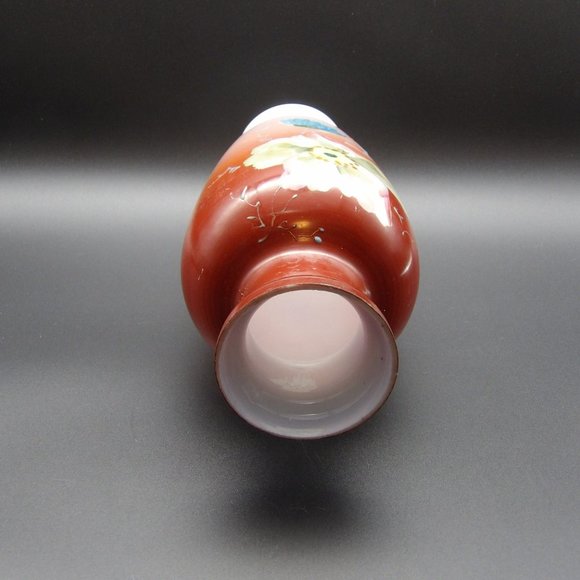Antique Hand Painted Bristol Glass Vase Red Burgundy Umber with White Flower 9" - Picture 8 of 10